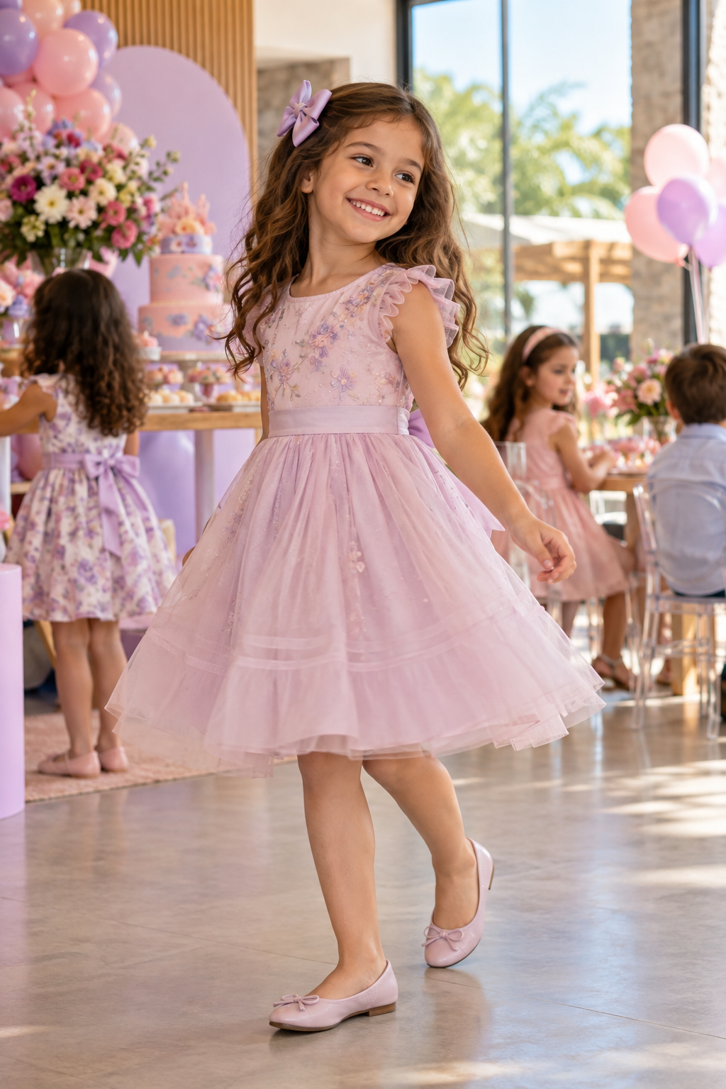 Menina usando look infantil feminino para aniversário, com vestido confortável e laço, em uma comemoração familiar