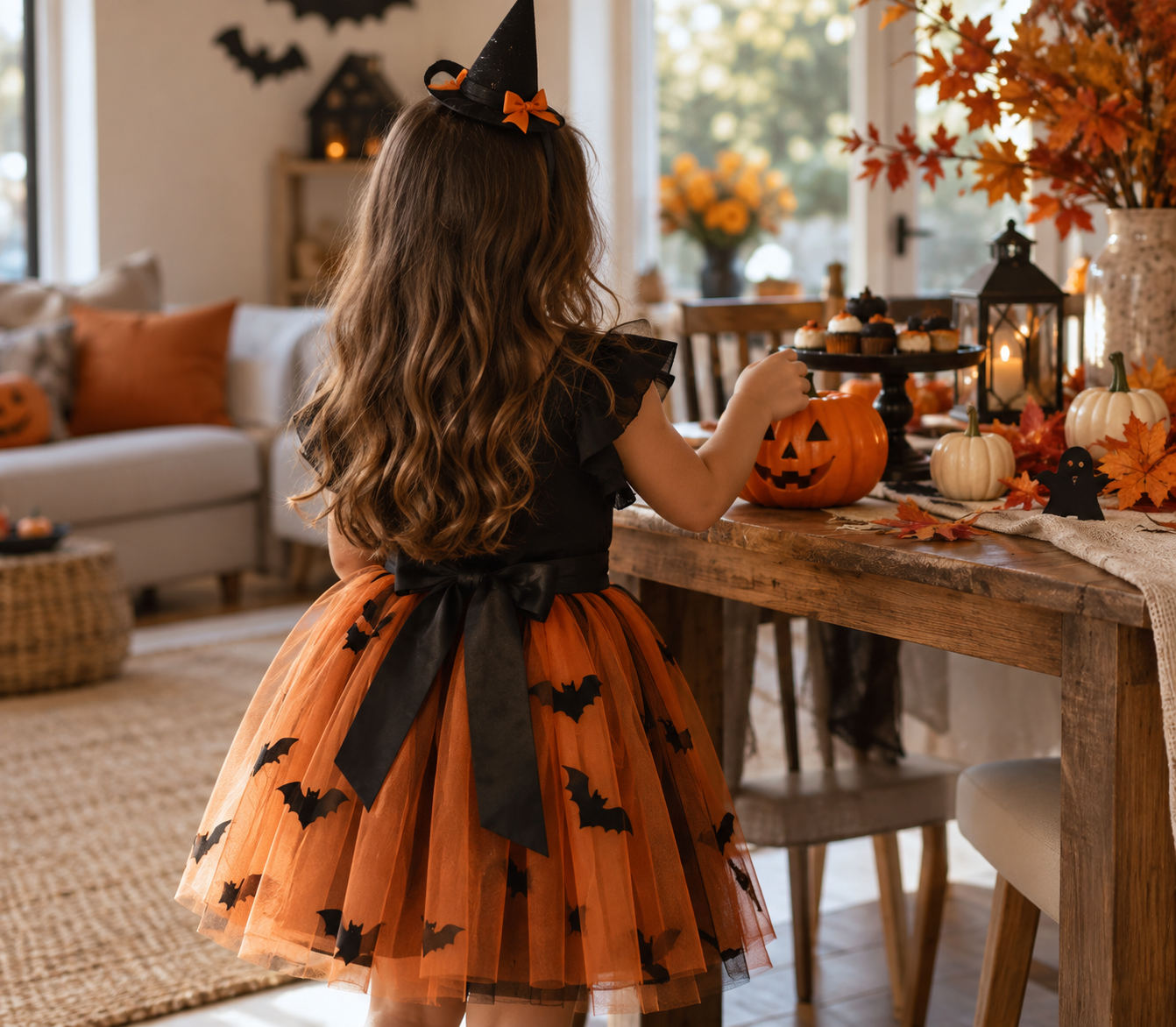 Menina vista de costas com look infantil de Halloween em ambiente decorado