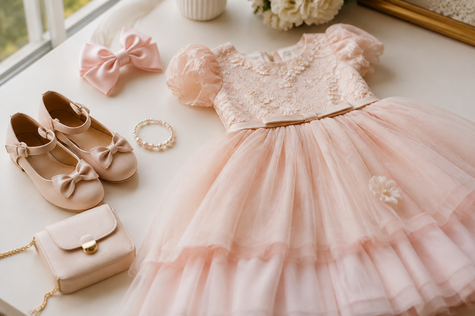 Vestido infantil de festa com sapatilhas, laço e acessórios coordenados