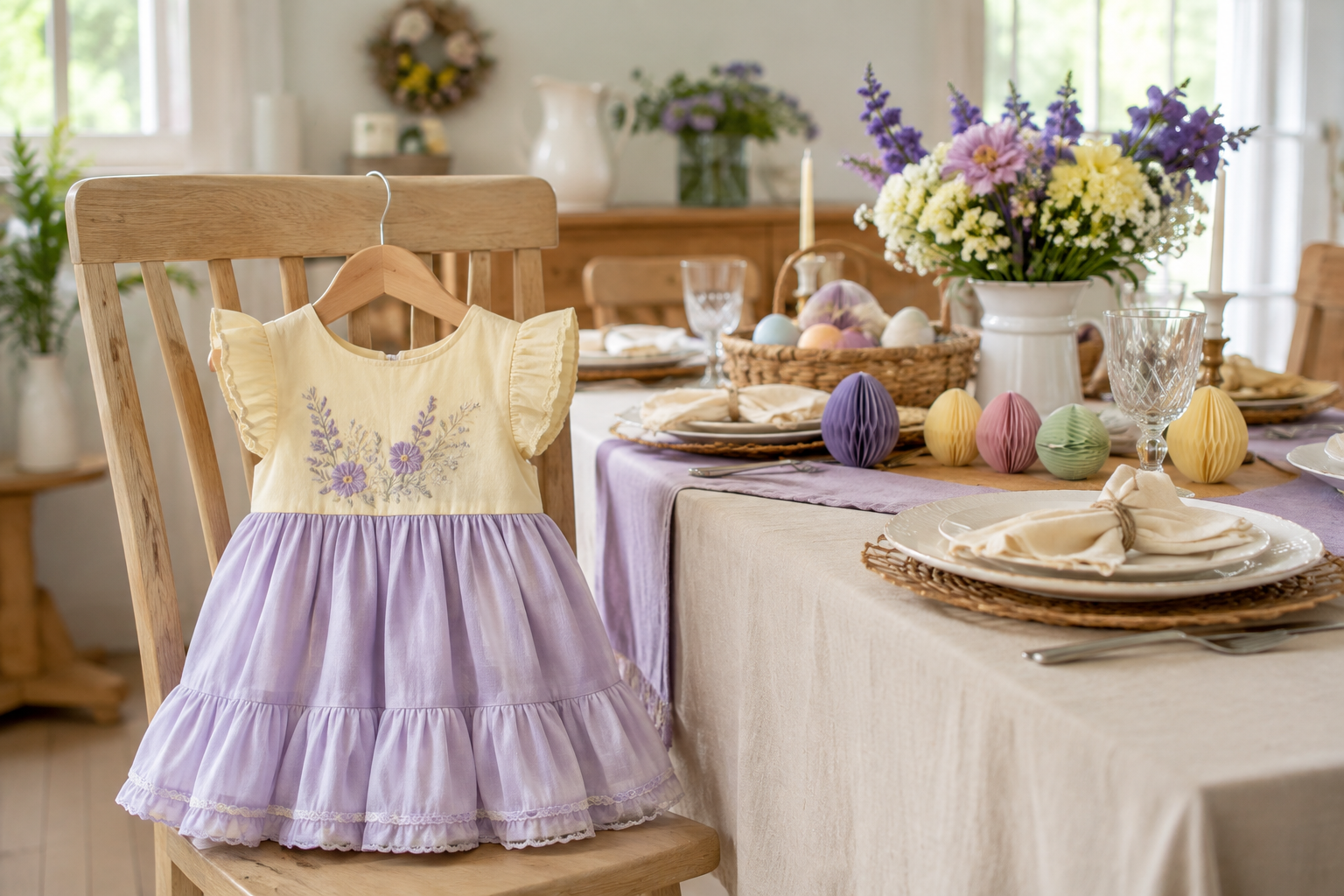 Vestido infantil em tons pastel ao lado de mesa decorada para almoço de Páscoa