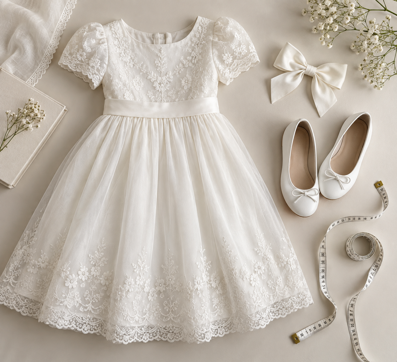 Look infantil para primeira comunhão com vestido, sapatilhas, laço e fita métrica