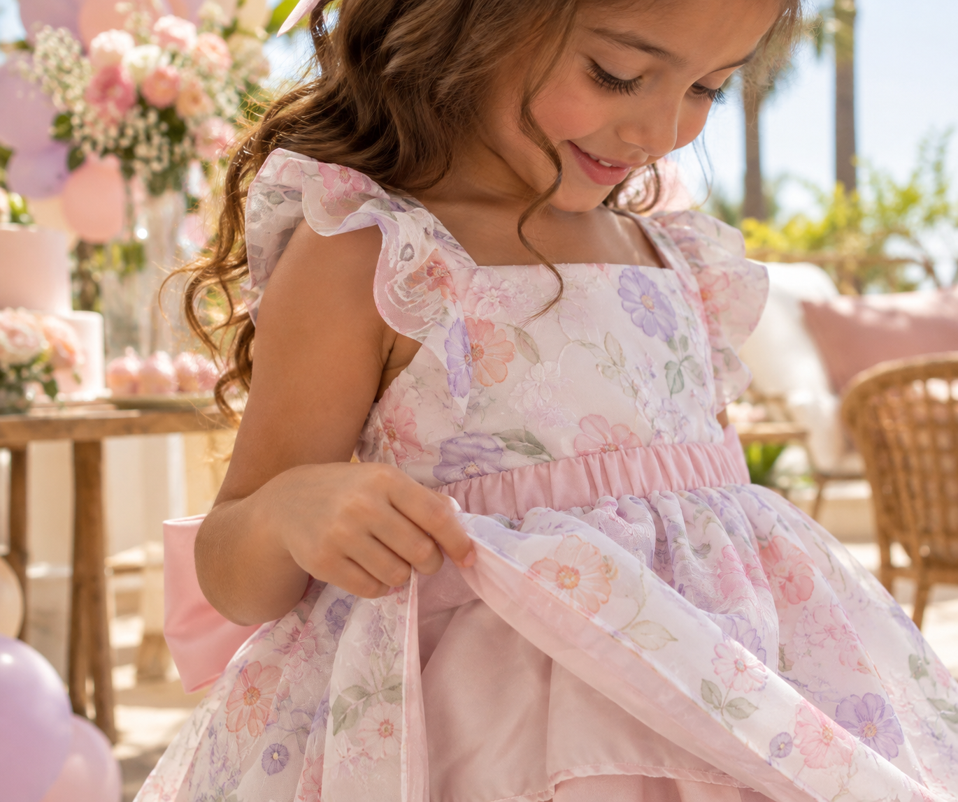 Mãe e filha escolhendo vestido infantil para aniversário