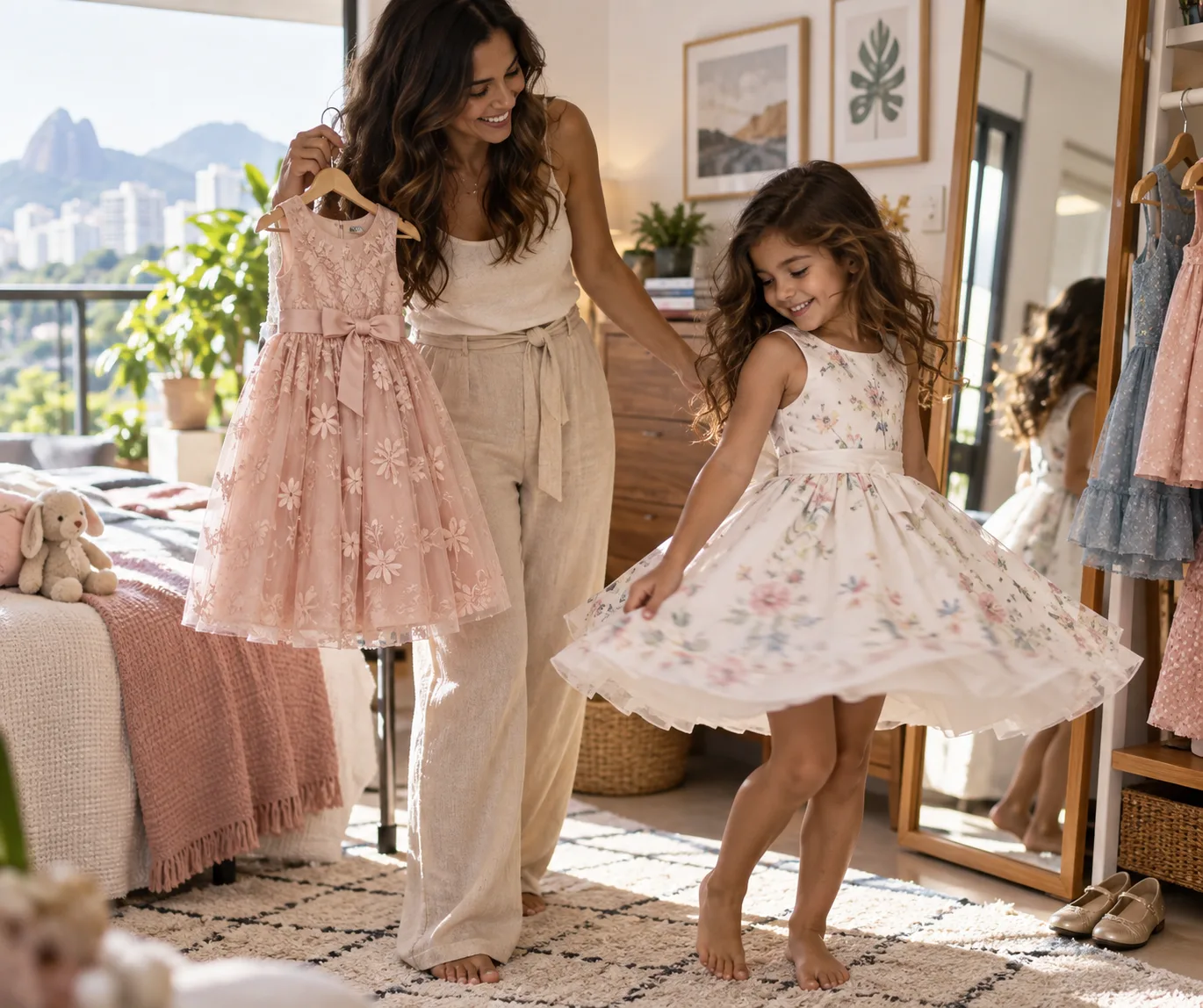 Mãe e filha escolhendo vestido infantil para aniversário