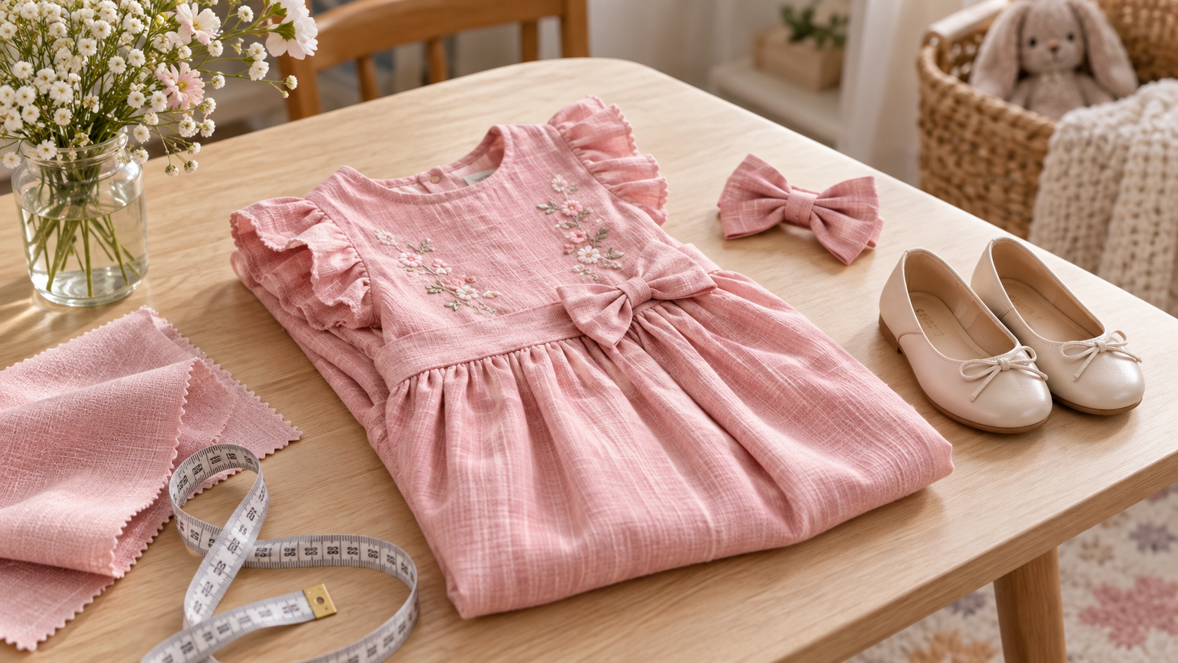 Vestido infantil, tecidos, sapatilha e fita métrica para conferir medidas e conforto