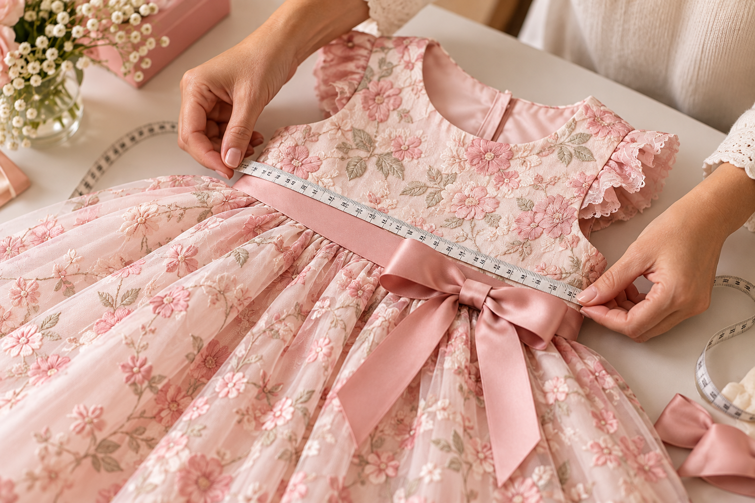 Detalhe de tecido, forro, costura e fita métrica para escolher vestido infantil