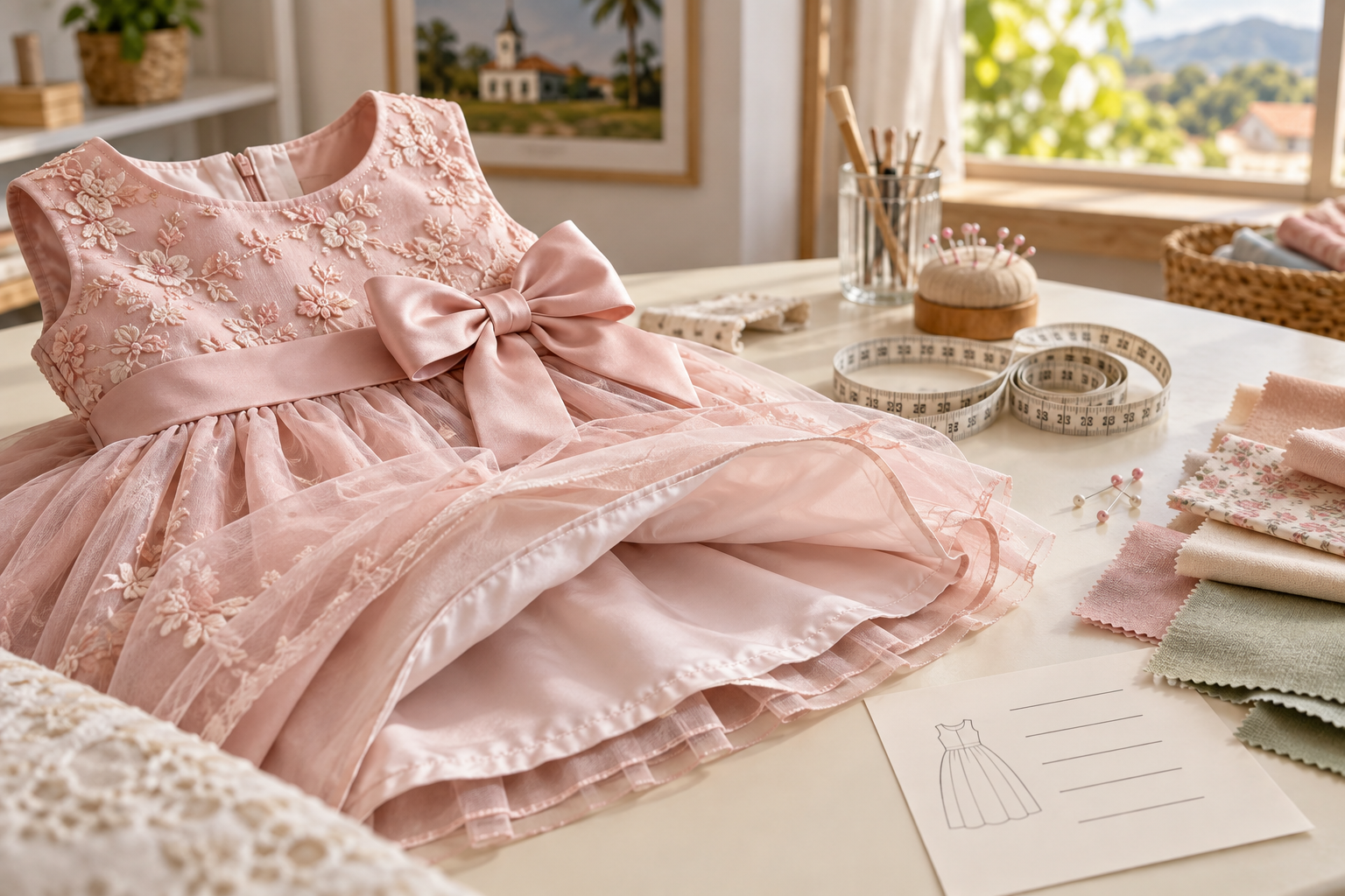 Detalhe de tecido, forro, costura e fita métrica para escolher vestido infantil
