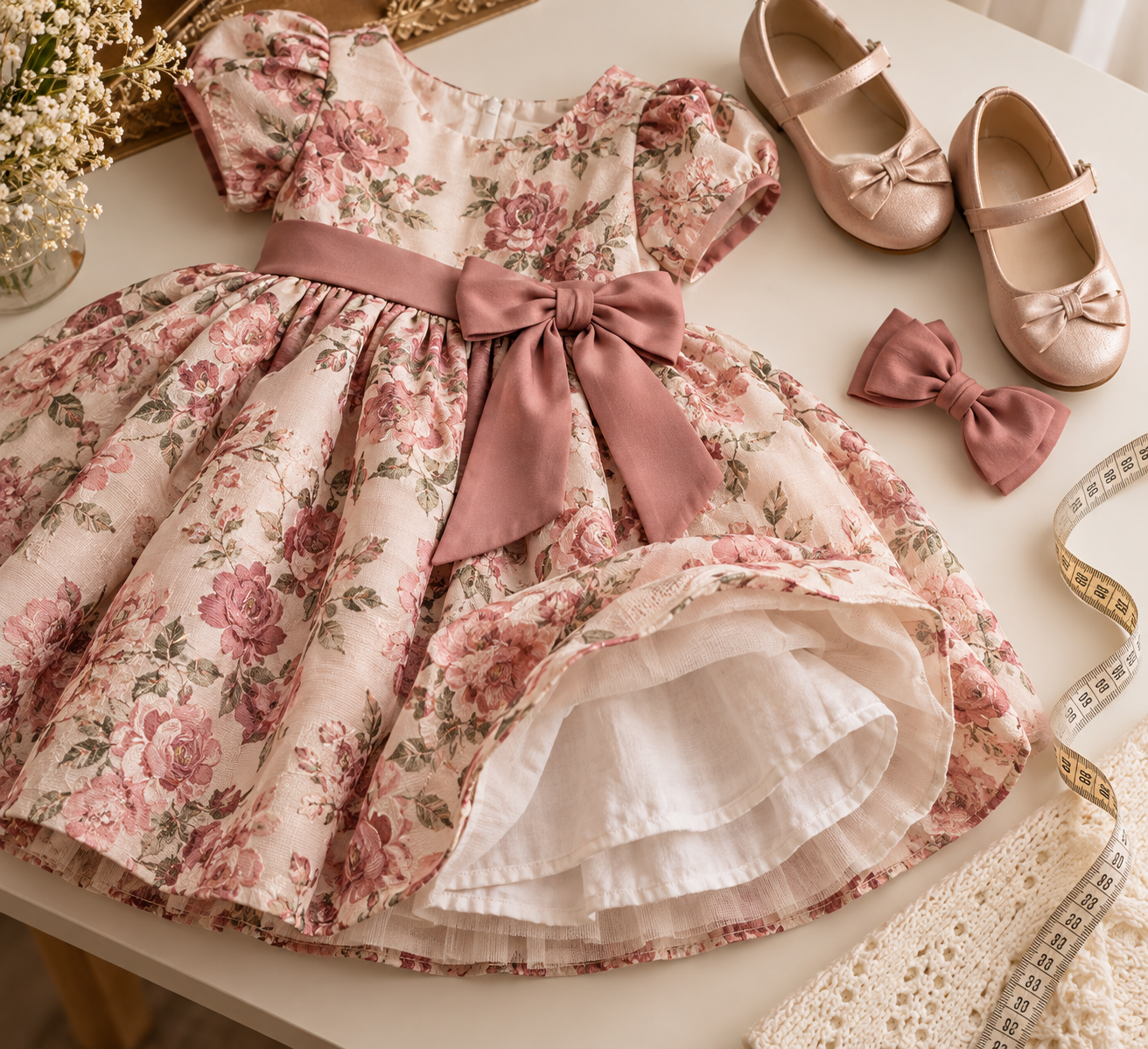 Vestido infantil de festa com fita métrica e acessórios para conferir medidas