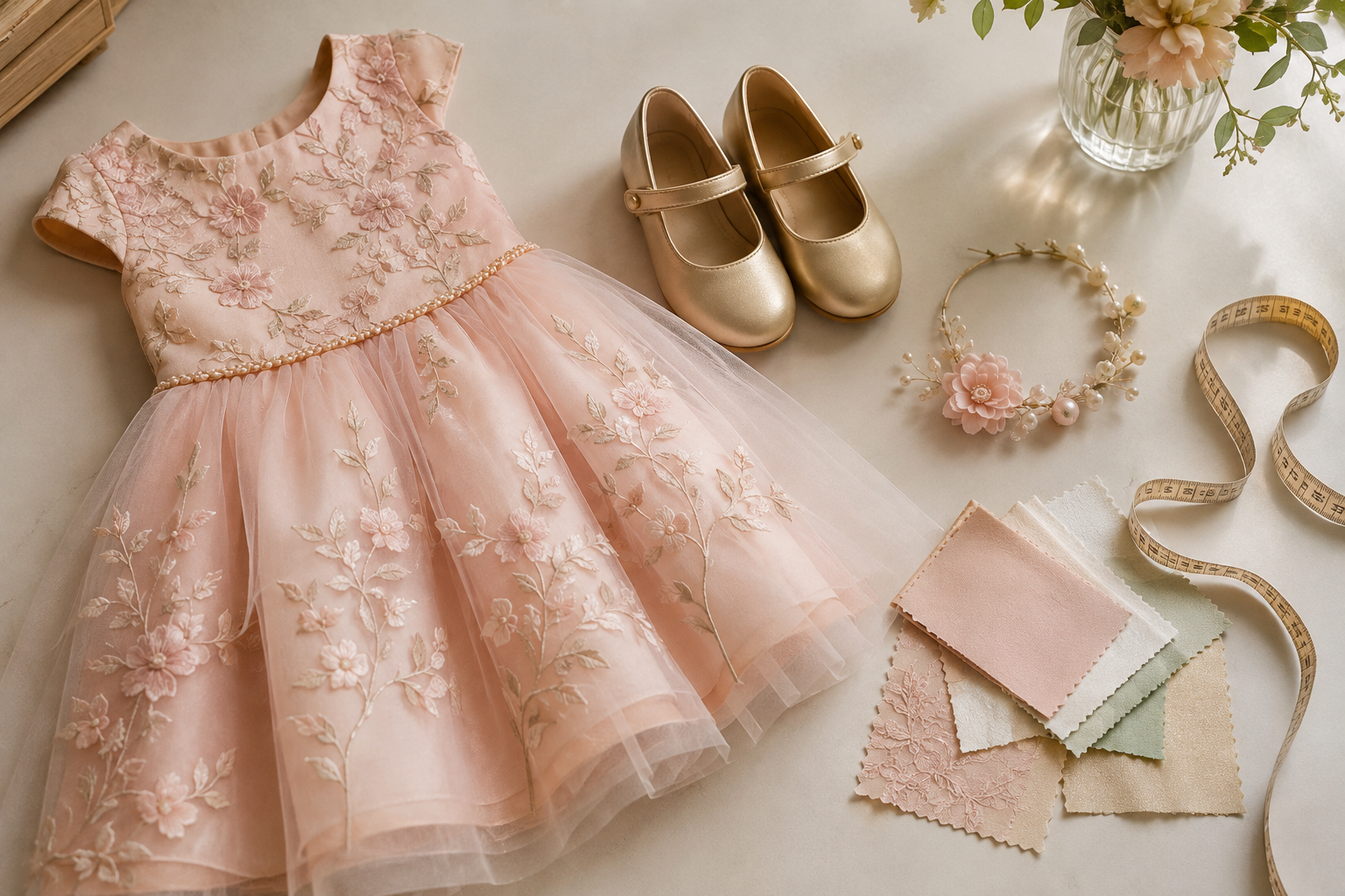 Mãe conferindo o caimento do vestido infantil da filha antes da festa