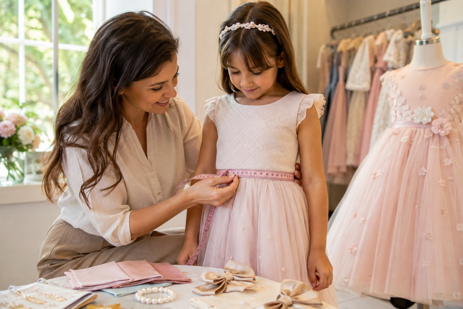 Vestido infantil com fita métrica, sapatos e acessórios para ocasião especial