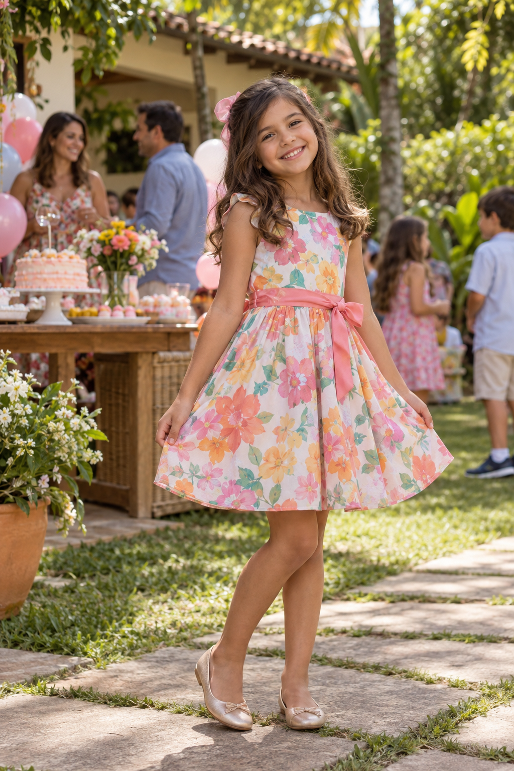 Menina usando vestido infantil em uma comemoração familiar no Jardim dos Buritis II, Aparecida de Goiânia