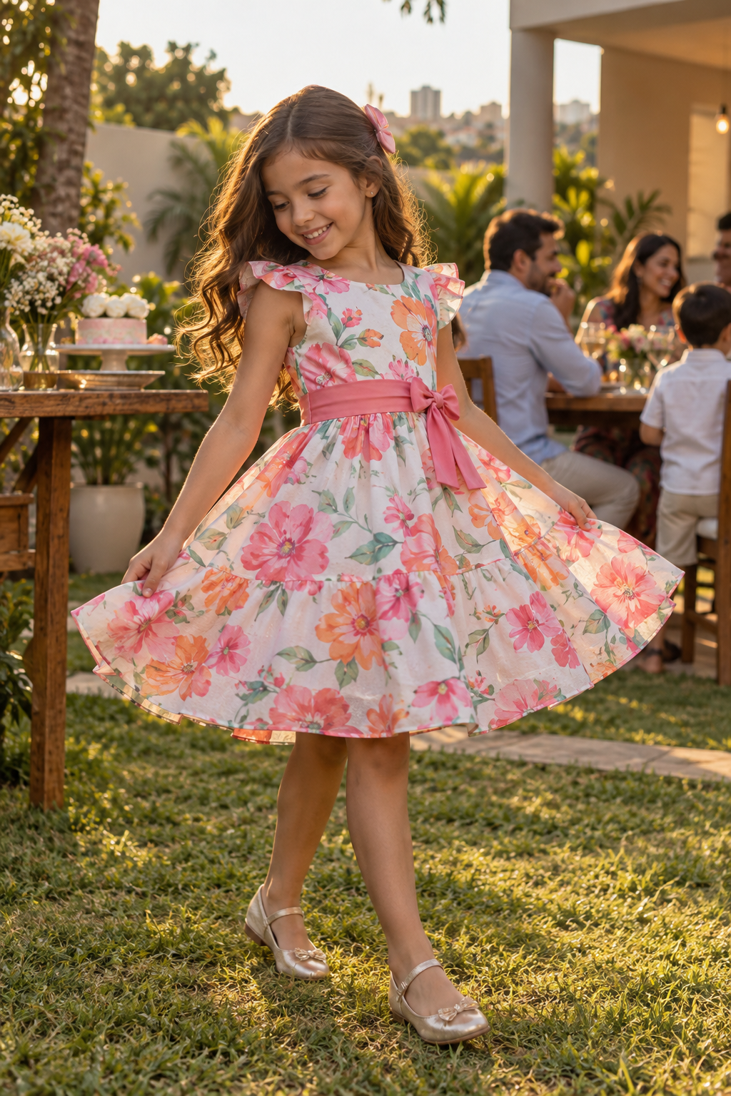 Menina usando vestido infantil floral em uma comemoração familiar no Jardim dos Estados, Aparecida de Goiânia