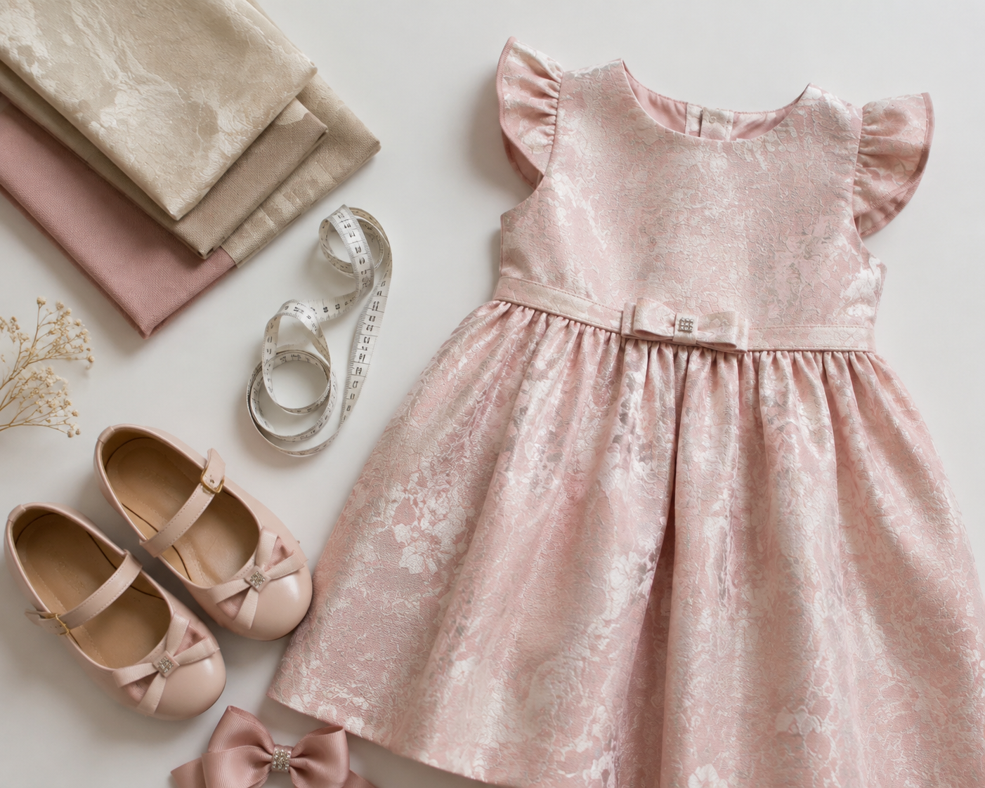Vestido infantil, fita métrica e acessórios para avaliar medidas e conforto