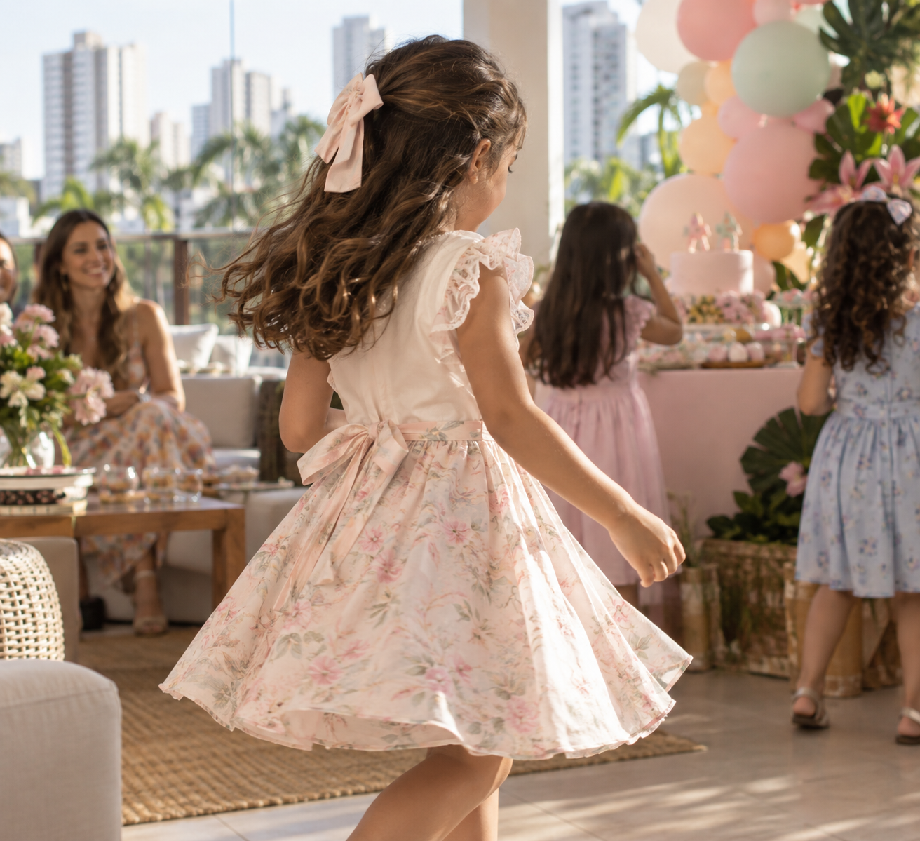 Menina usando look infantil feminino em uma comemoração familiar em Goiânia