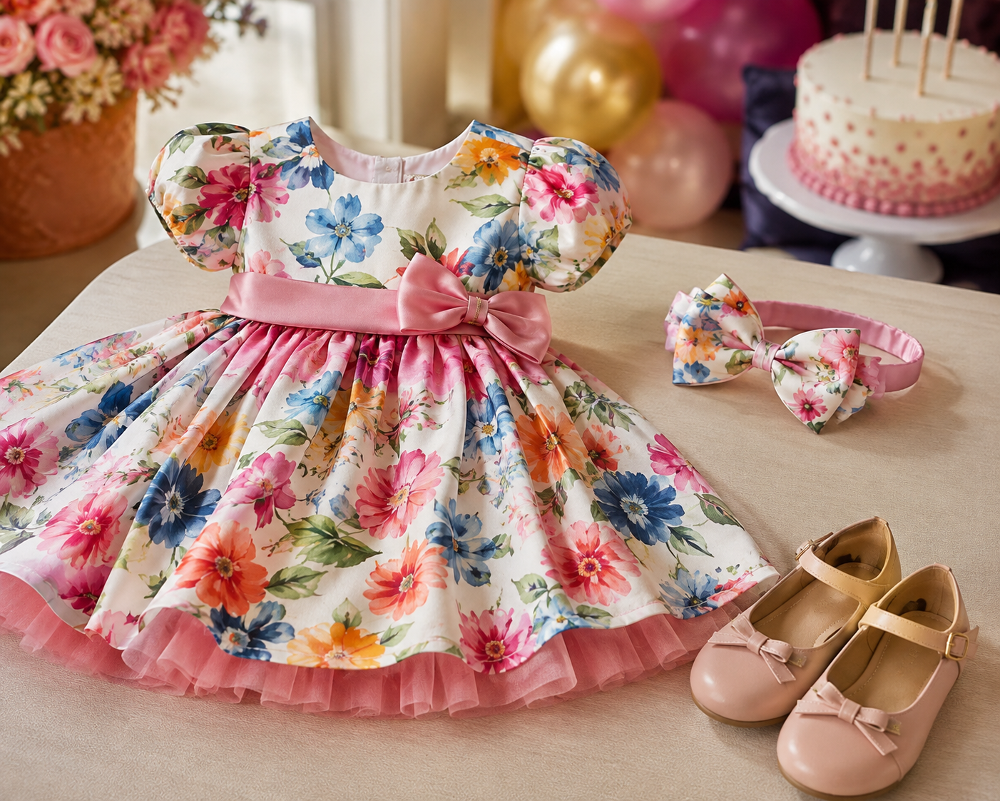 Vestido infantil feminino com acessórios para festa de aniversário