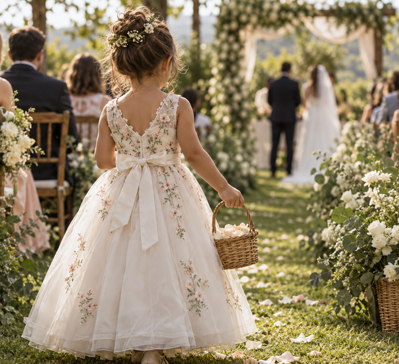 Menina vista de costas usando vestido infantil de florista e segurando uma cesta de flores em um casamento.