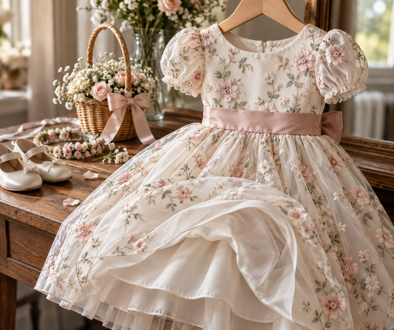 Vestido infantil de florista em cabide com cesta de flores e acessórios para casamento.