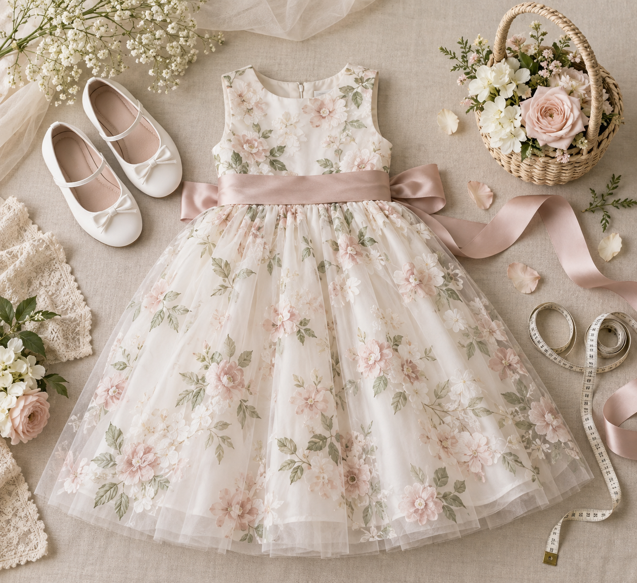 Checklist visual de look de florista infantil com vestido floral, sapatilhas, cesta e fita métrica.