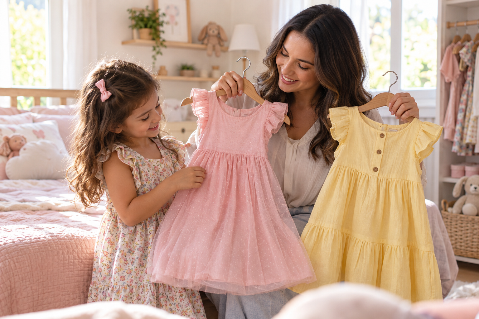Mãe e filha comparando vestidos infantis para uma festa