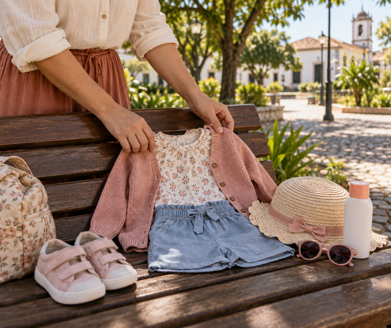 Roupa infantil feminina preparada para passeio ao ar livre, com camadas leves e tênis