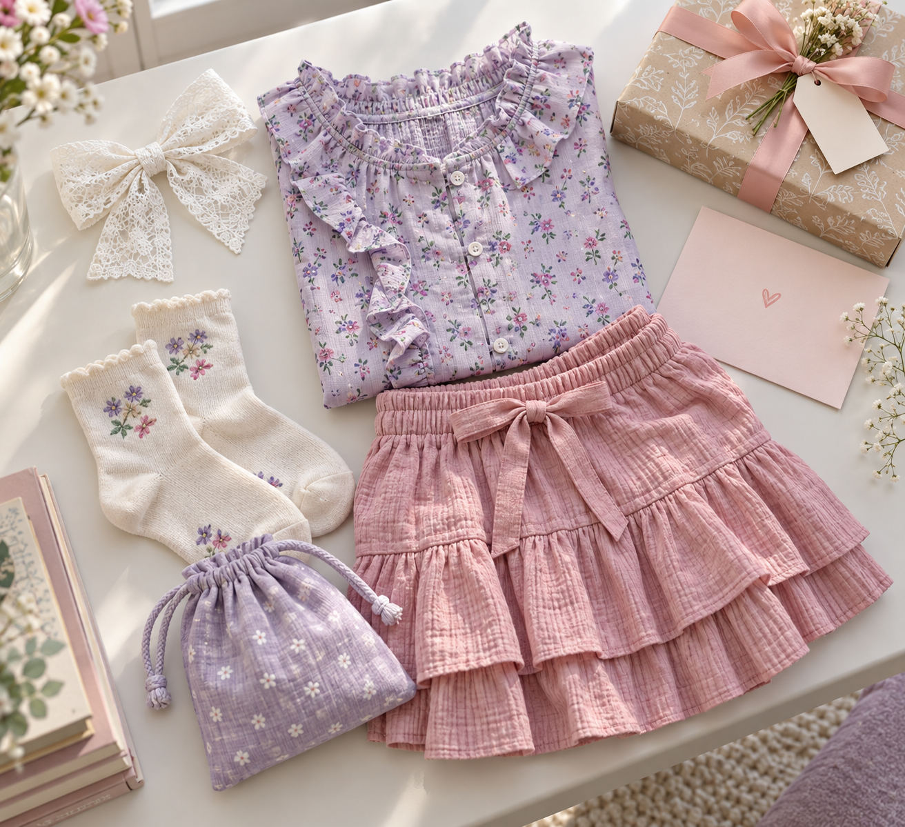 Laço branco e roupa infantil organizados como ideia de presente para menina