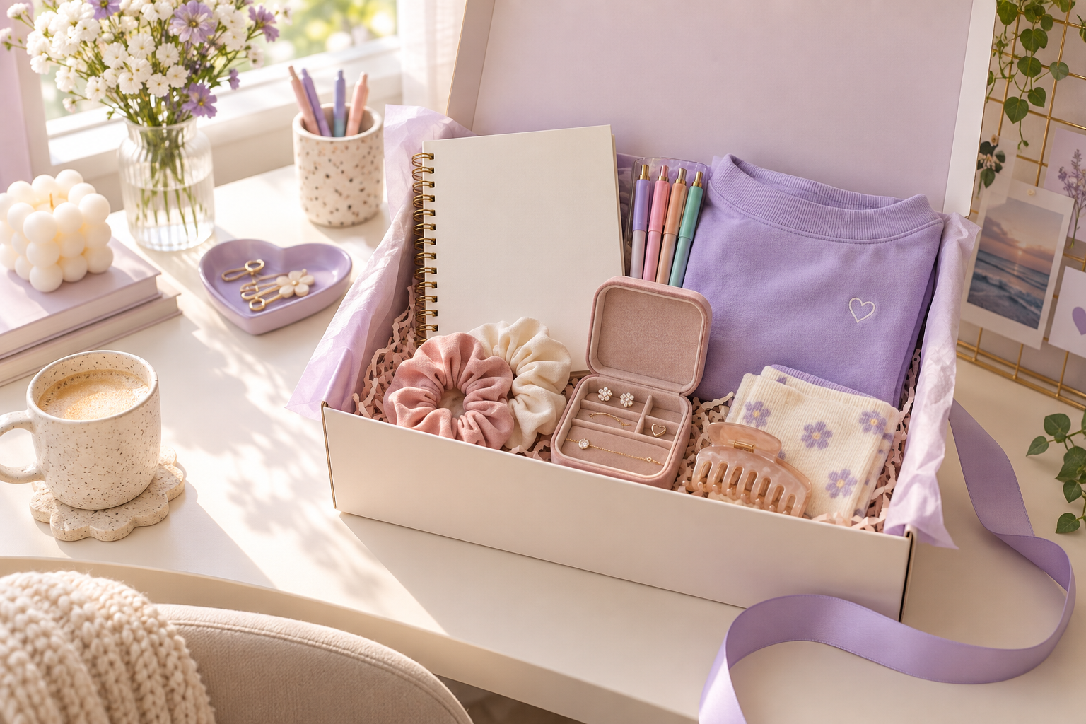 Caixa de presente com papelaria, acessórios e itens de estilo para menina de 12 anos.