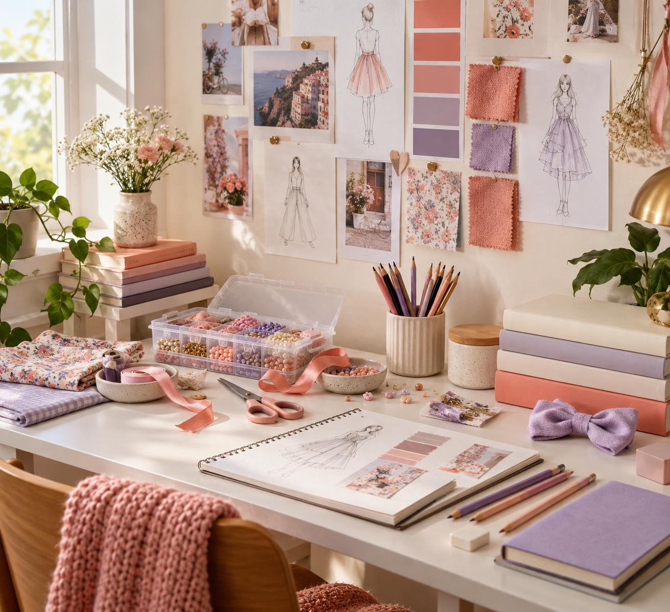 Mesa criativa com materiais de desenho, moda e artesanato para presentear uma menina de 12 anos.