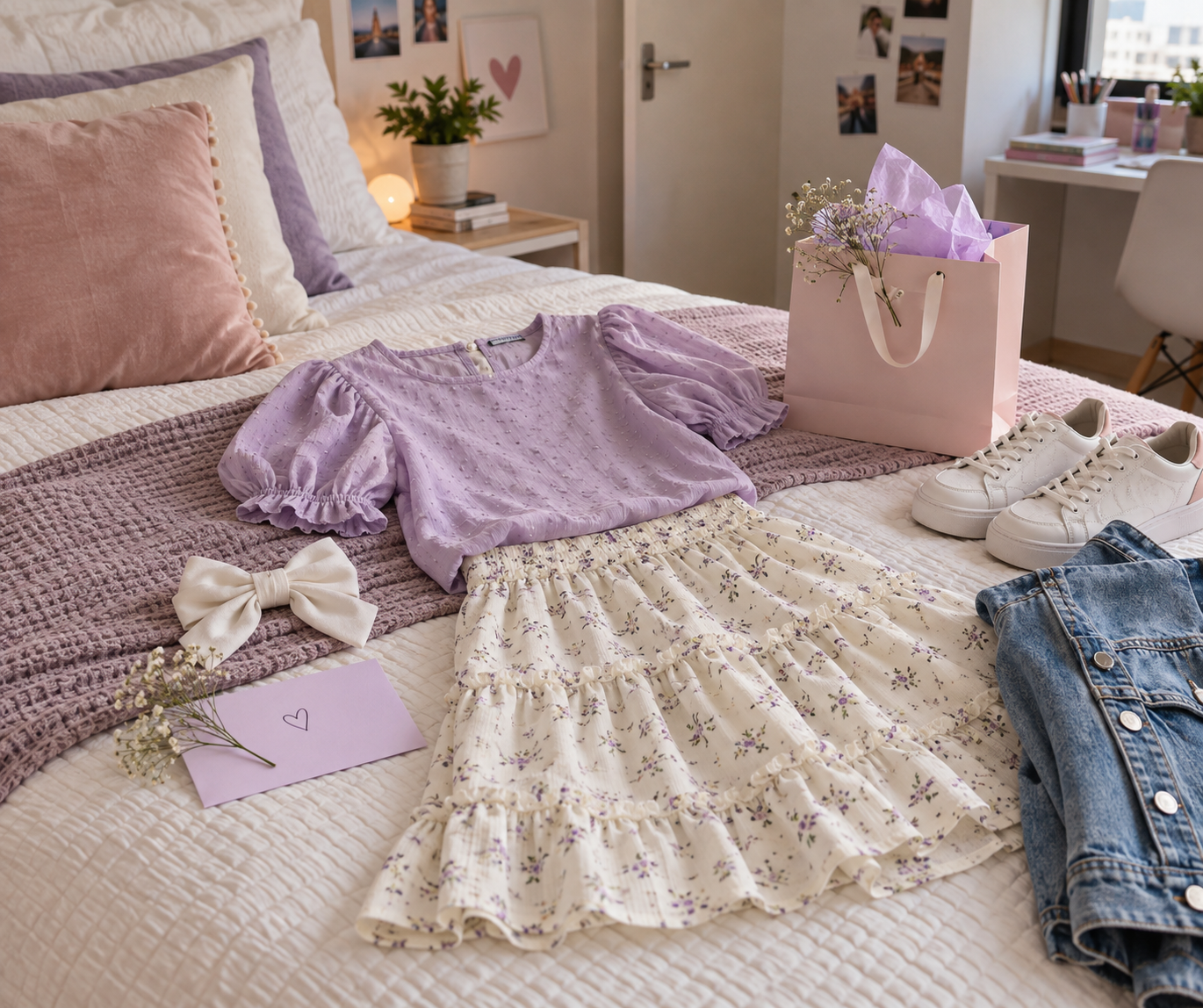 Composição de roupas, laço e embalagem de presente para menina de 12 anos.