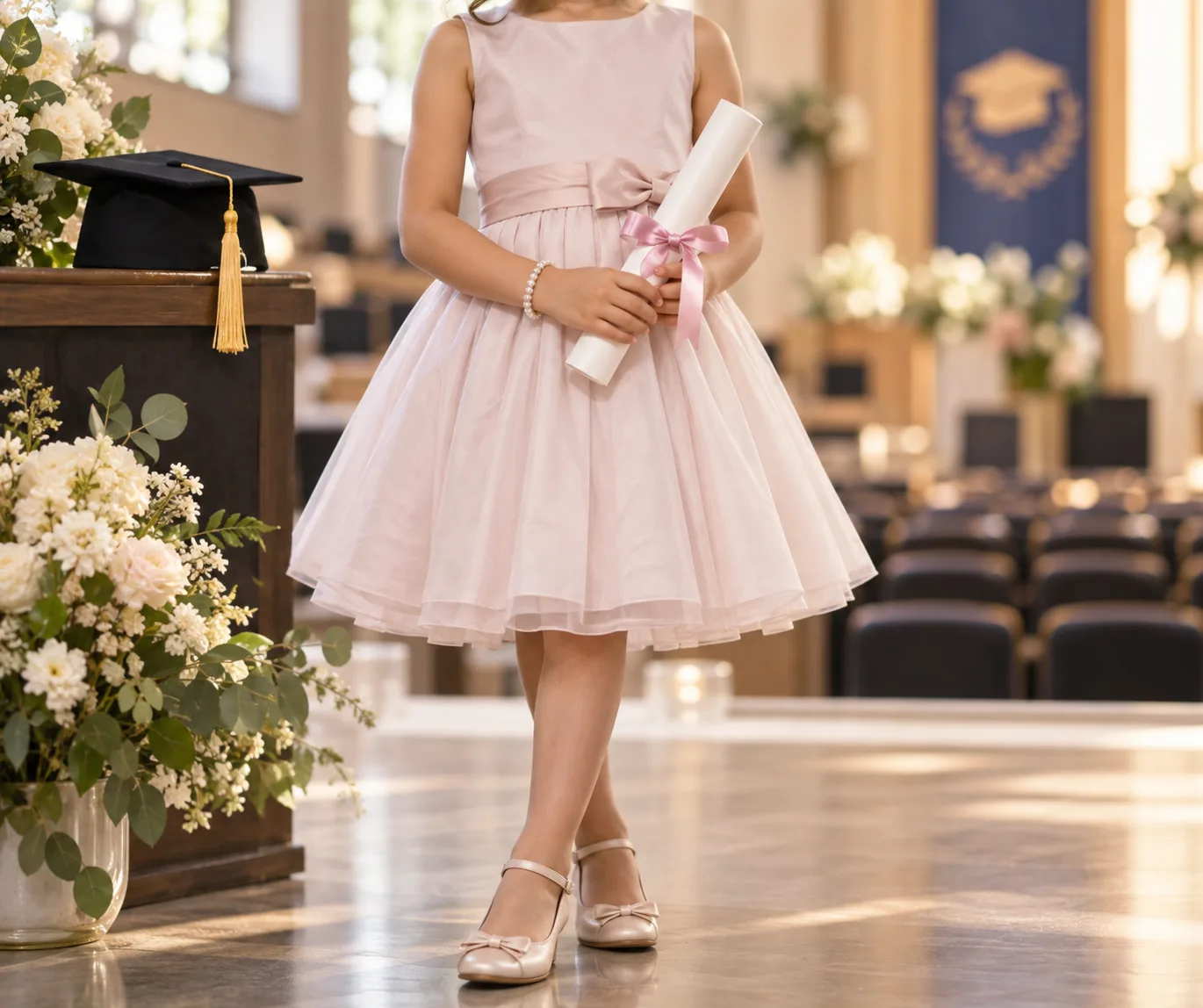 Roupa infantil formal para colação de grau, com vestido claro e capelo ao lado