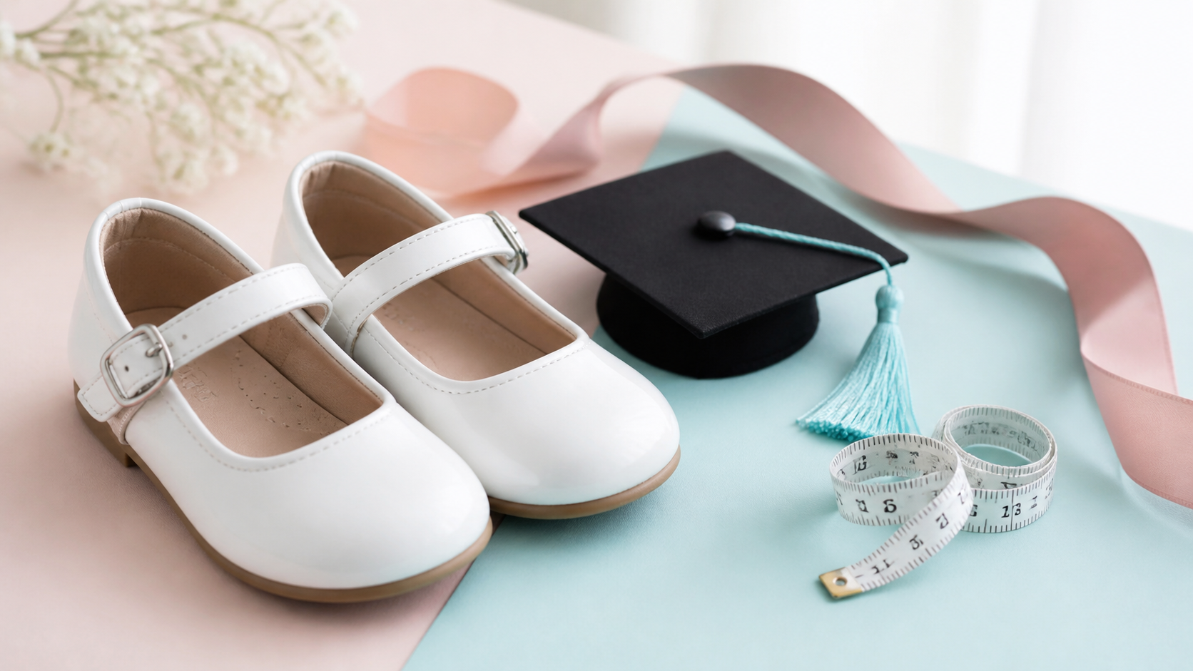 Sapato infantil para formatura ABC ao lado de capelo e fita métrica
