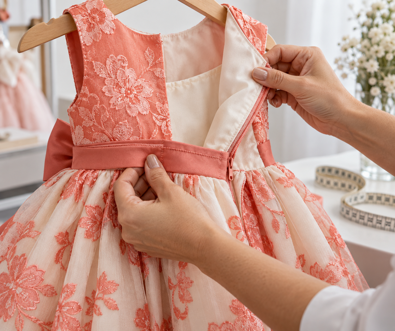 Mãos conferindo tecido, forro, costura e medidas de vestido infantil