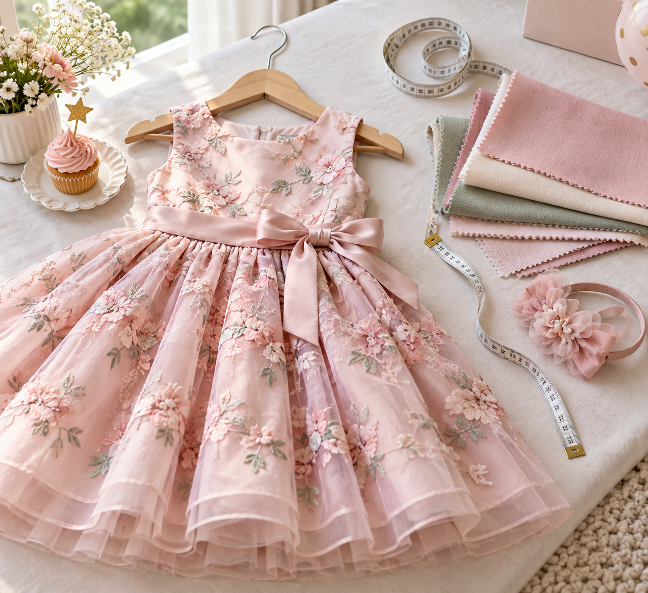Tecido, forro, costura e fita métrica para escolher vestido infantil