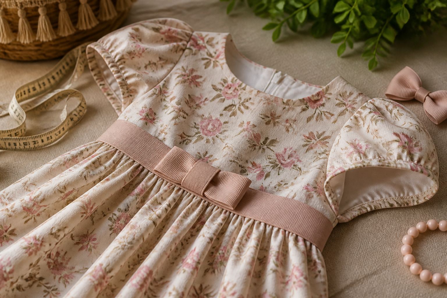 Detalhe de tecido, forro, costura e fita métrica para escolher vestido infantil de festa