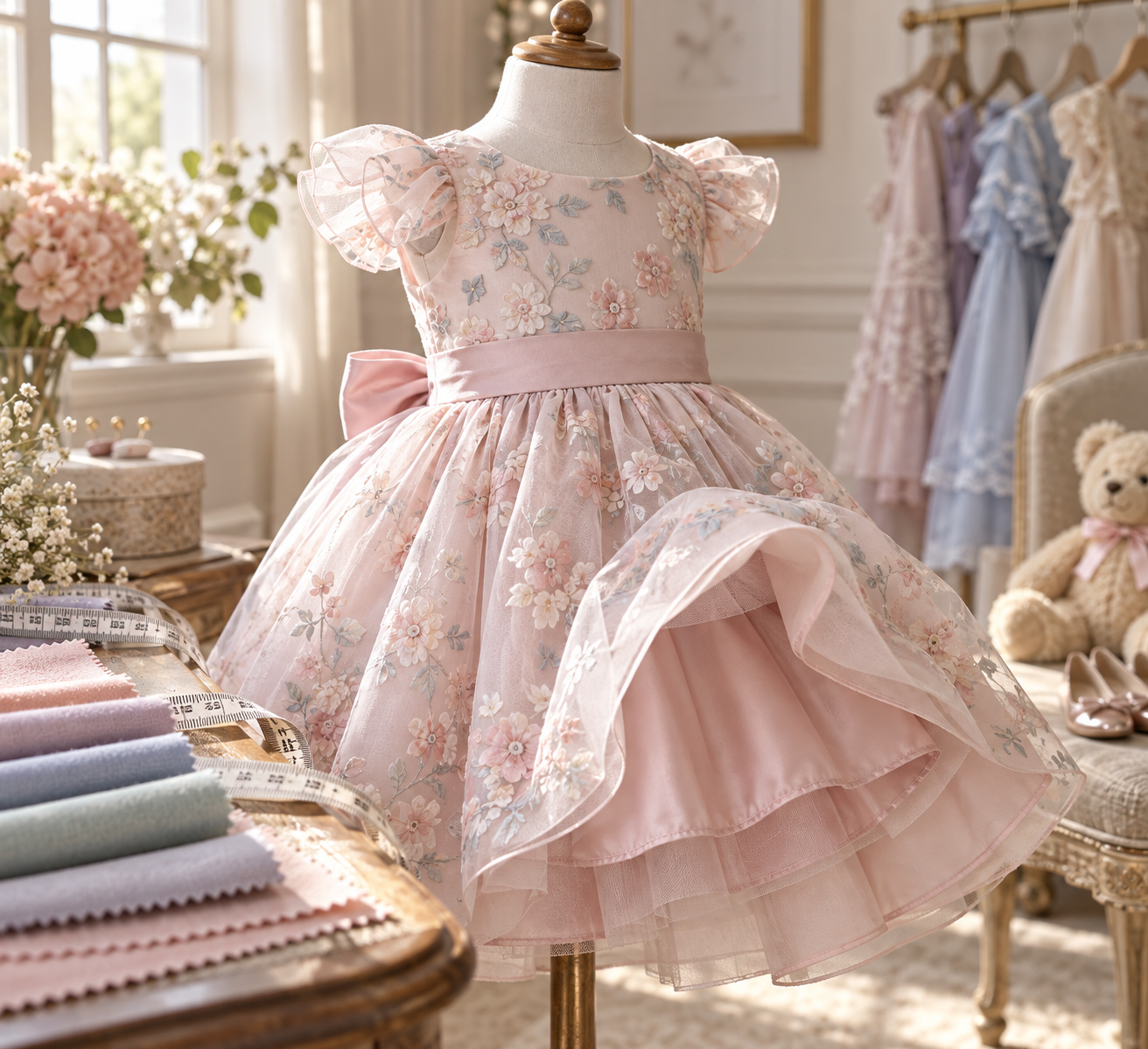 Detalhe de tecido, forro, costura e fita métrica para vestido infantil