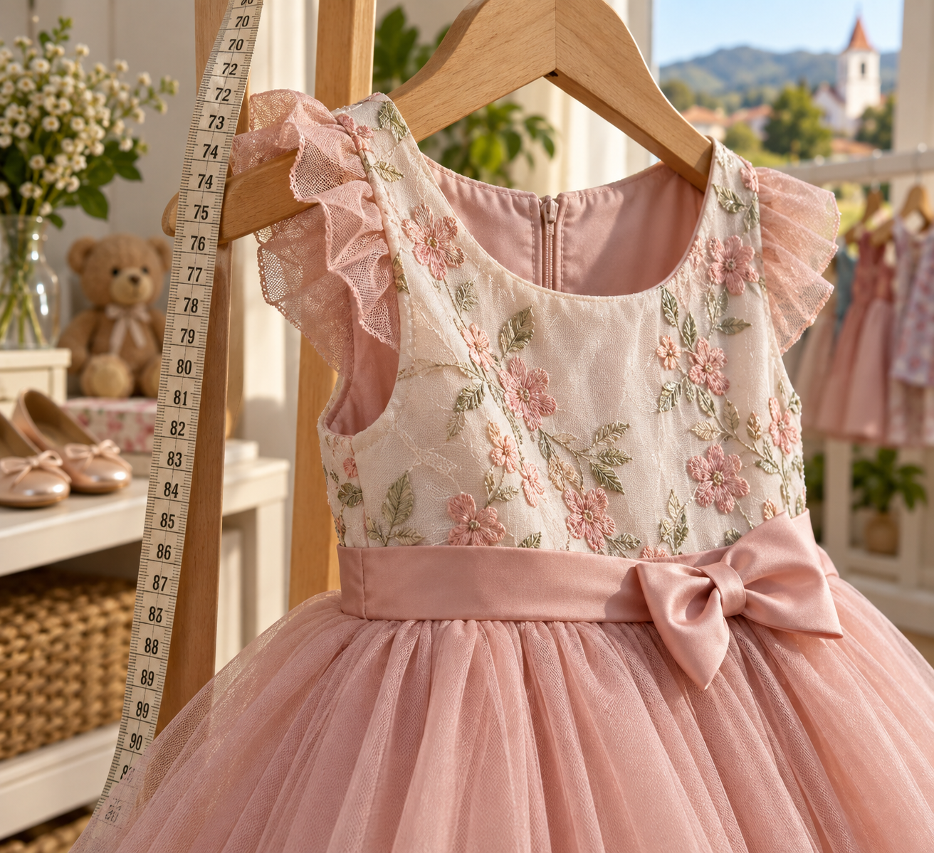 Detalhe de tecido, forro, costura e fita métrica para vestido infantil