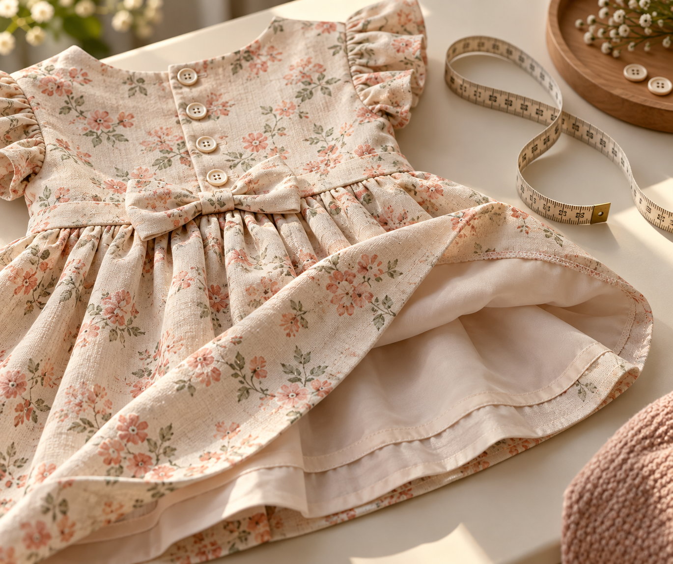 Detalhe de tecido, forro, costura e fita métrica para escolher vestido infantil