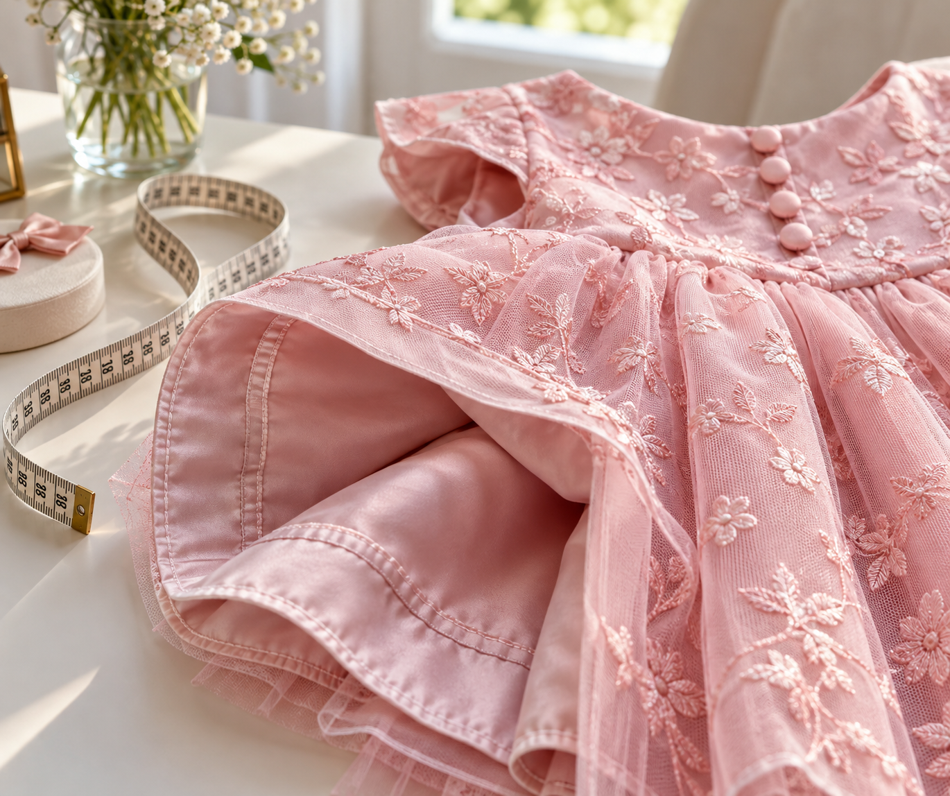 Tecido, forro, costura e fita métrica para escolher vestido infantil