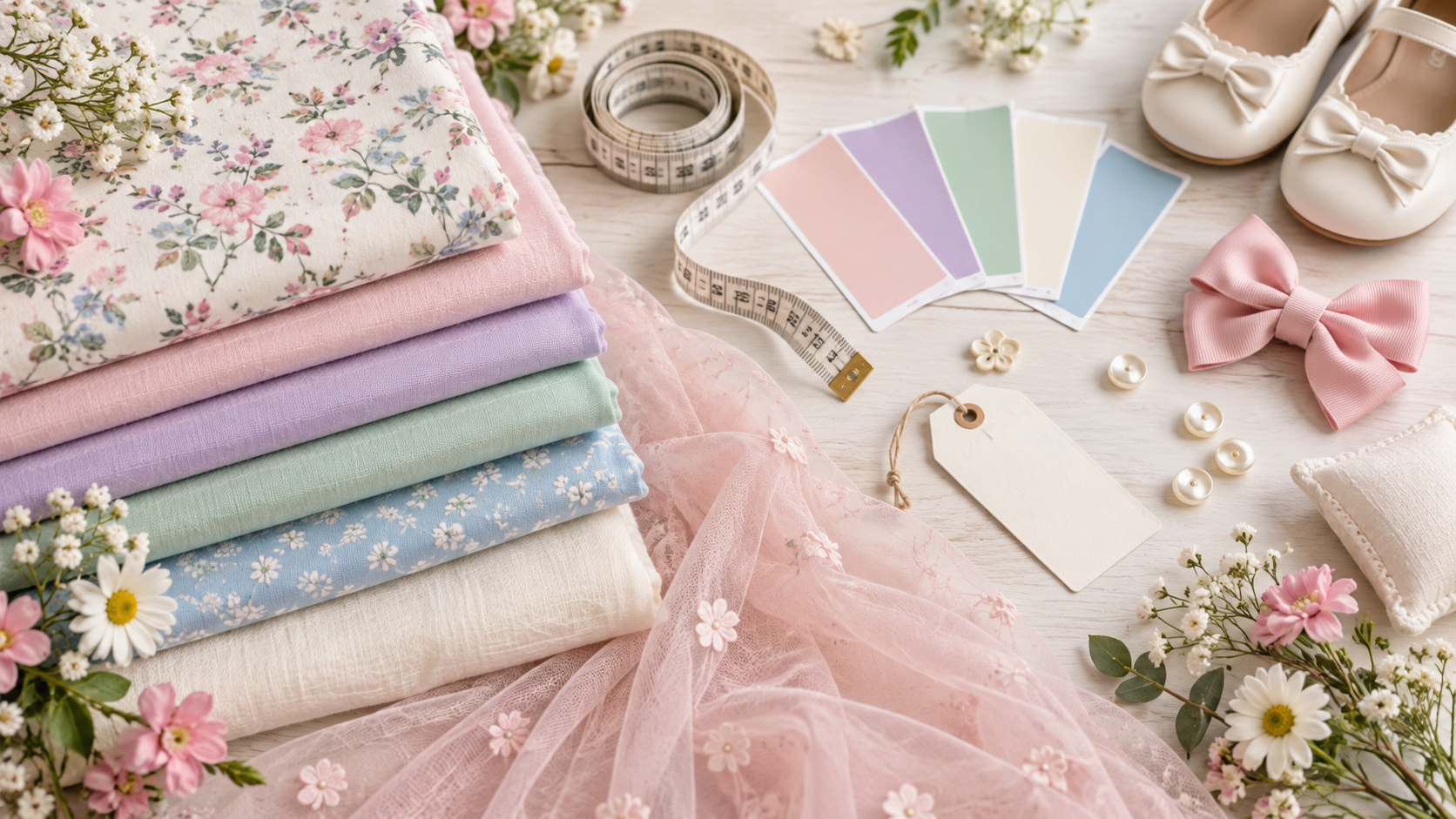 Tecidos florais infantis, fita métrica e paleta de cores para escolher vestido de primavera