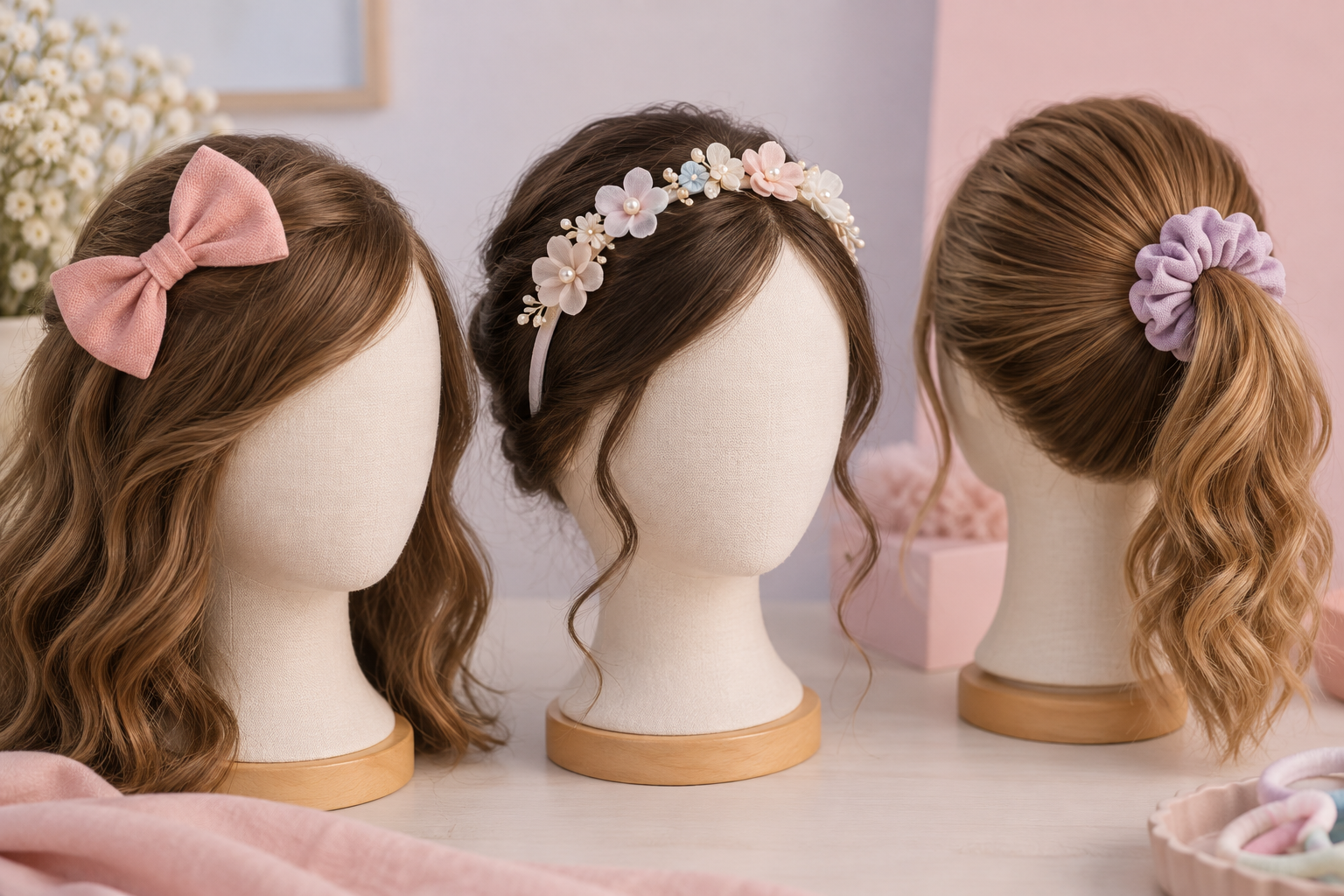 Três opções de acessórios de cabelo infantil: laço, tiara e prendedor