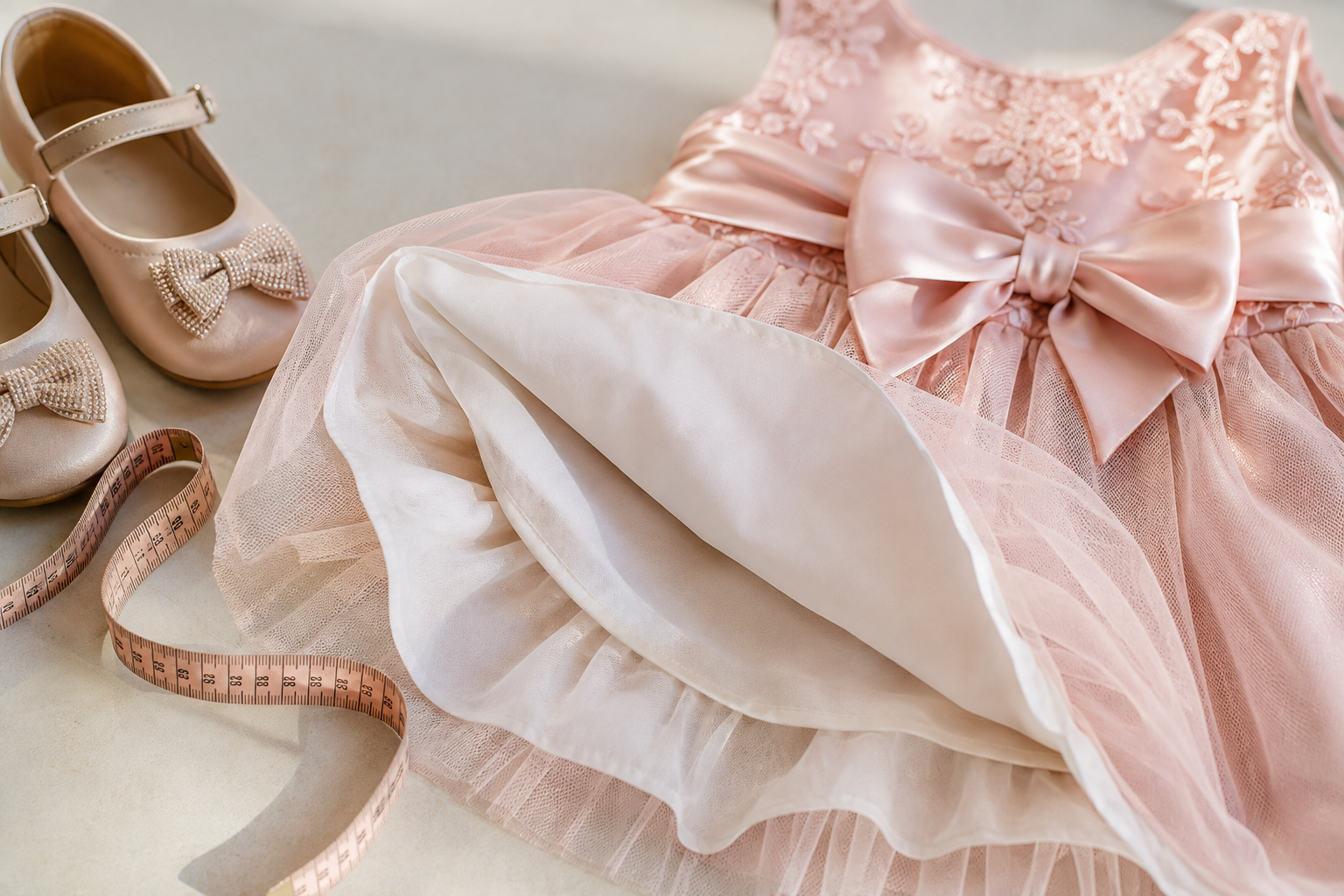 Detalhes de tule, forro, laço, sapato e fita métrica para avaliar o conforto do vestido infantil