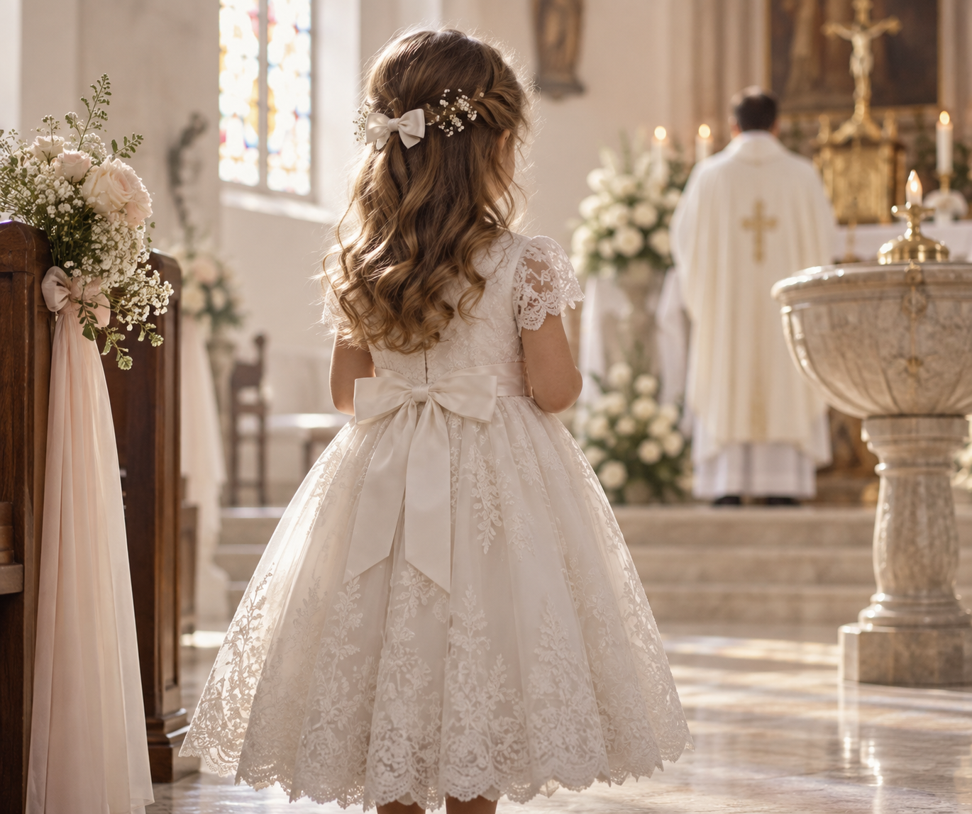 Vestido infantil branco de renda usado em uma cerimônia de batizado