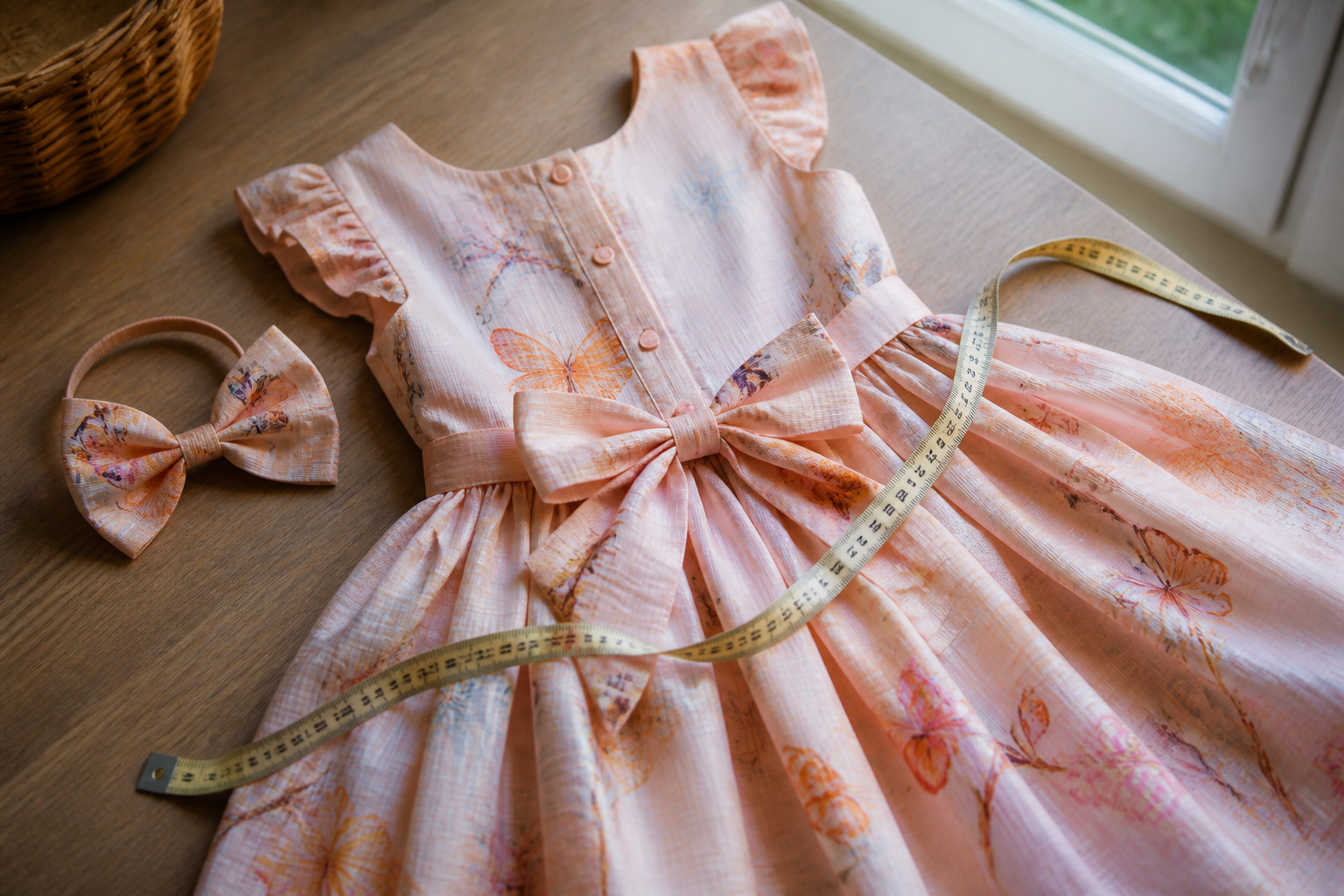 Vestido infantil de festa ao lado de fita métrica para conferir medidas e acabamento