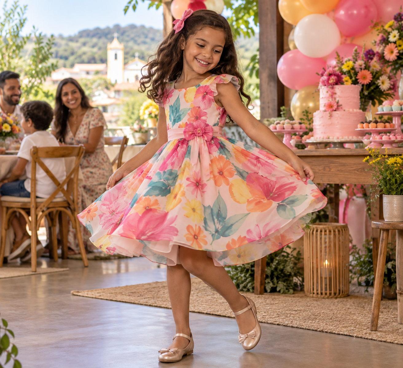 Menina usando vestido infantil de festa em aniversário em Brazabrantes