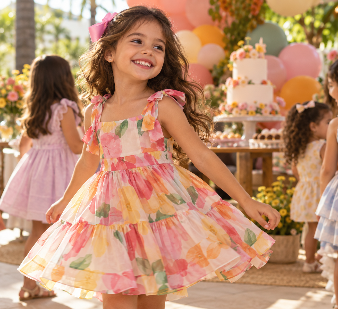 Menina usando vestido infantil de festa em aniversário