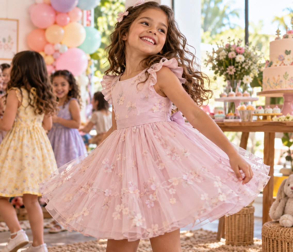 Vestido infantil para aniversário em Rianápolis: guia por idade, tecido e ocasião