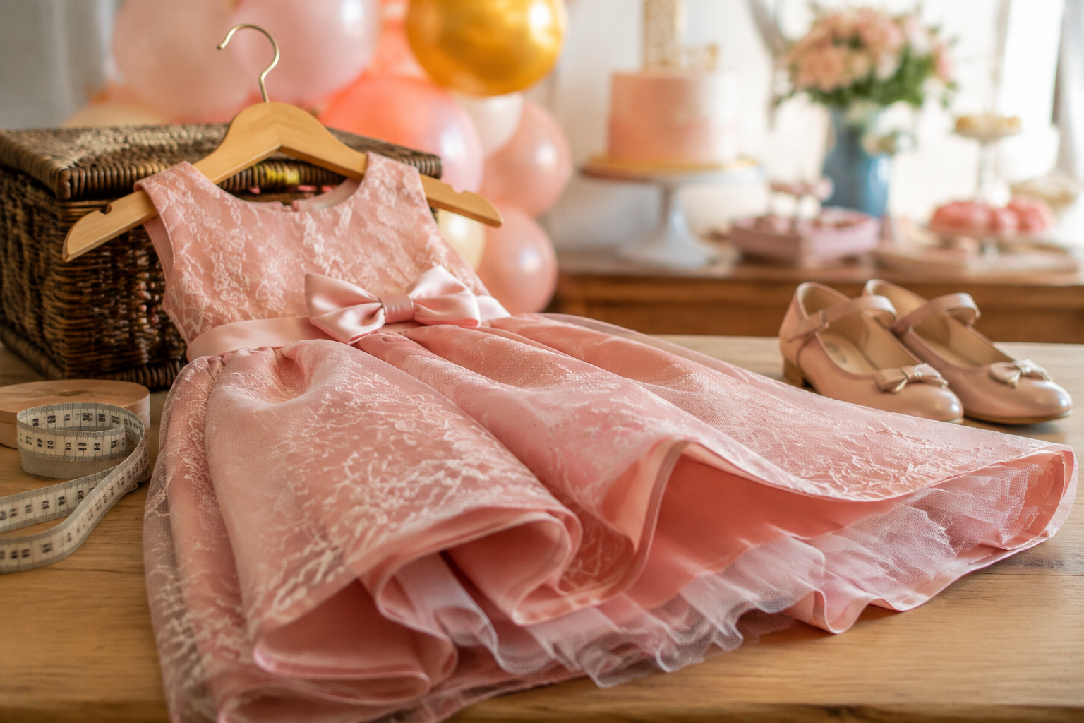 Vestido infantil de festa com fita métrica, tecido, laço e sapatos para avaliar medidas e conforto