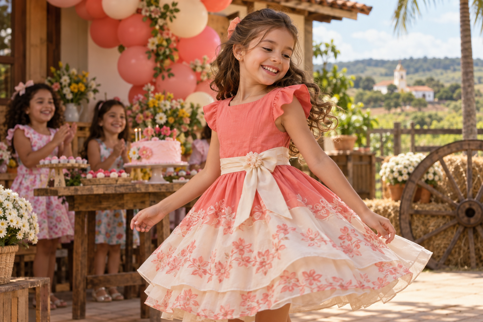 Menina usando vestido infantil coral e creme em festa de aniversário