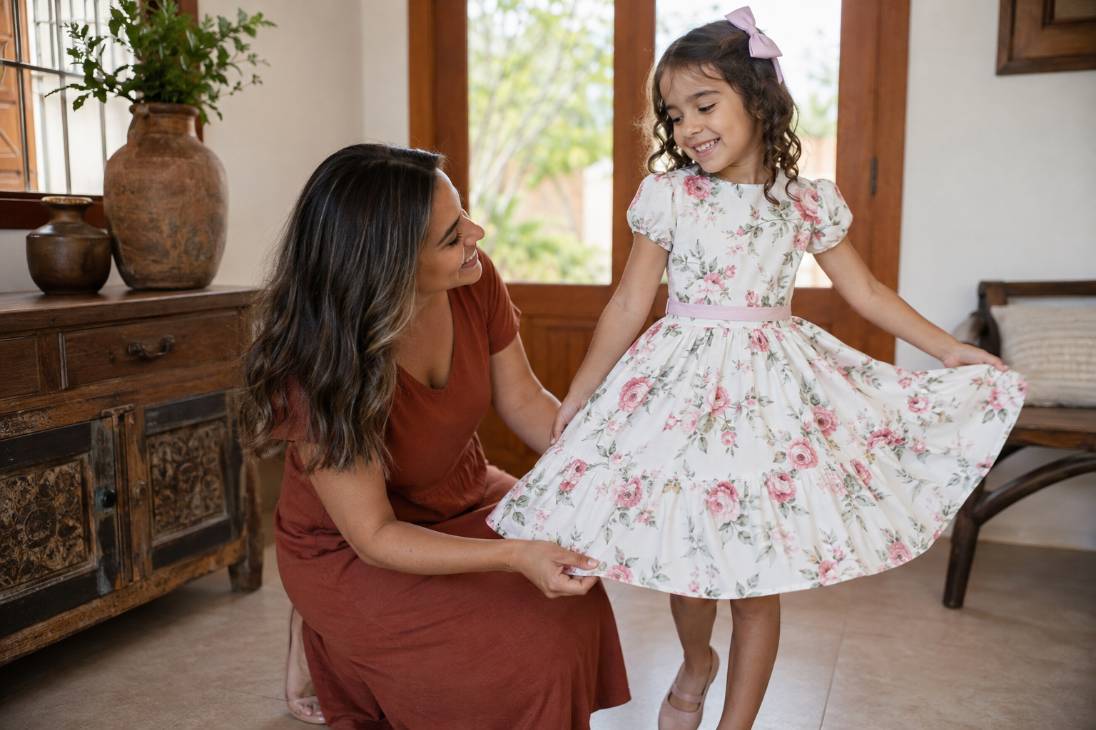Mãe conferindo o caimento do vestido infantil da filha antes de um aniversário