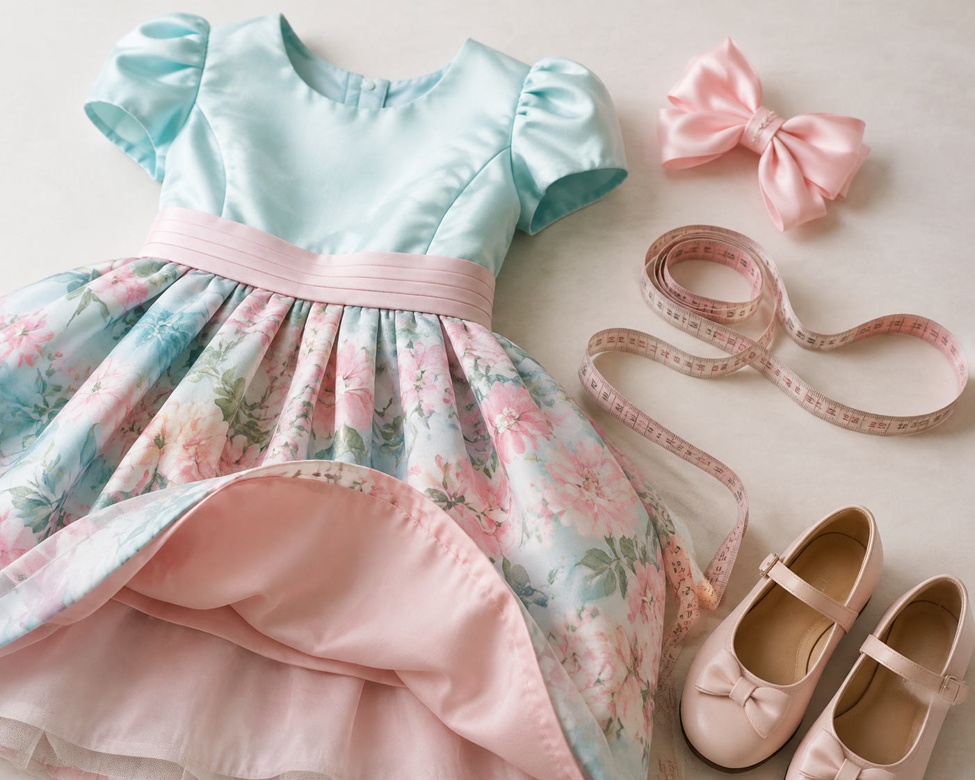 Vestido infantil de festa ao lado de fita métrica e sapatos confortáveis