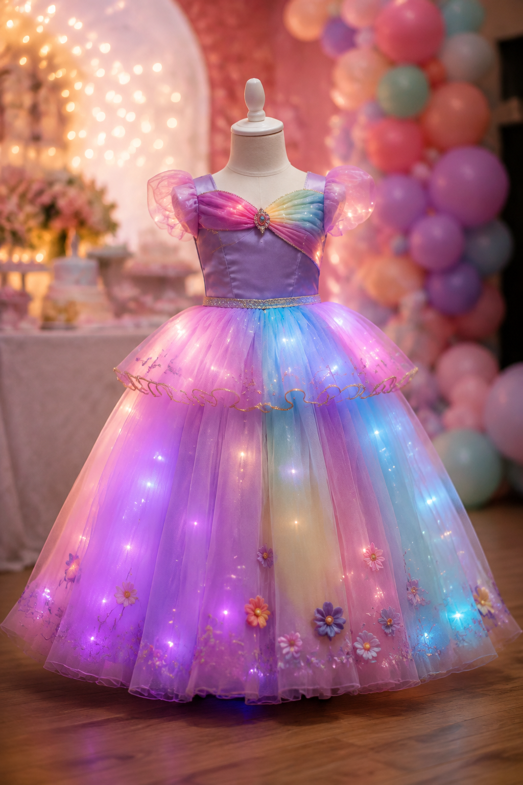 Vestido infantil com LED em festa temática, visto em manequim