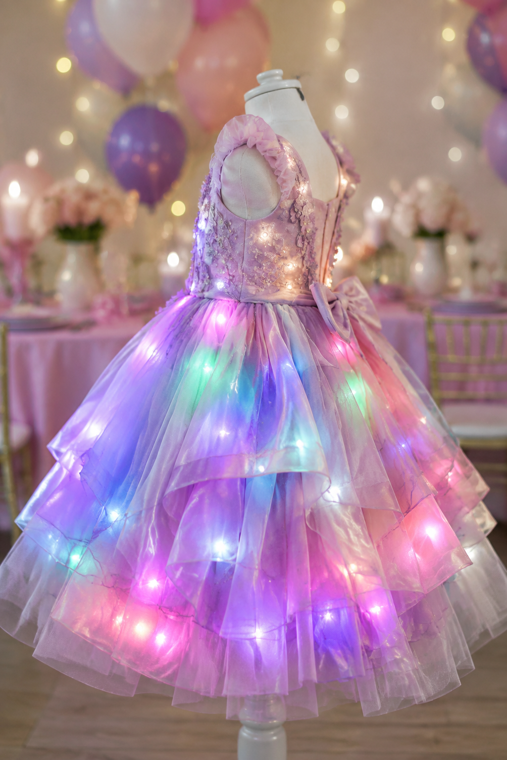 Vestido infantil com LED em ambiente de festa, mostrando o caimento da saia